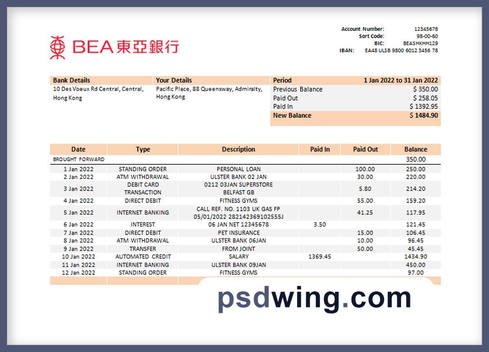 Hong Kong BEA Bank Statement (Word)